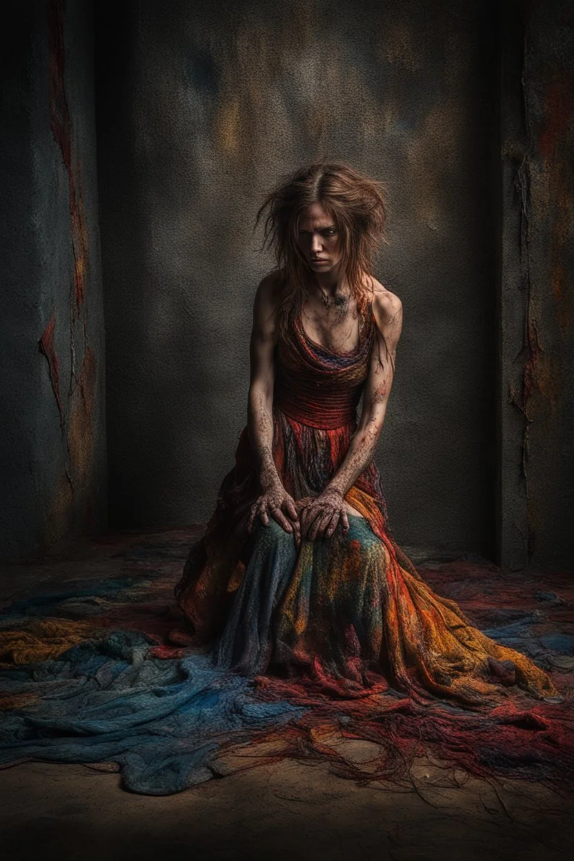 Bound and thrown to the floor, a woman exudes vulnerability in a fantastical setting. Her tattered gown clings to her bruised skin, hair tangled and wild. The scene is depicted in a stunning photo, showcasing intricate details and vivid colors. it captures the desperation and strength in her eyes, making the viewer feel the intensity of her situation. This masterful image blends beauty with turmoil, immersing the audience in a powerful narrative.