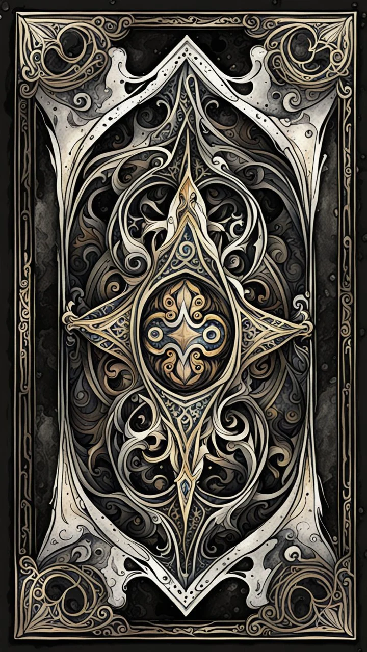 create a full color, ink wash and watercolor, ornate abstract expressionist arabesque style bordered symmetric playing card template on a black background