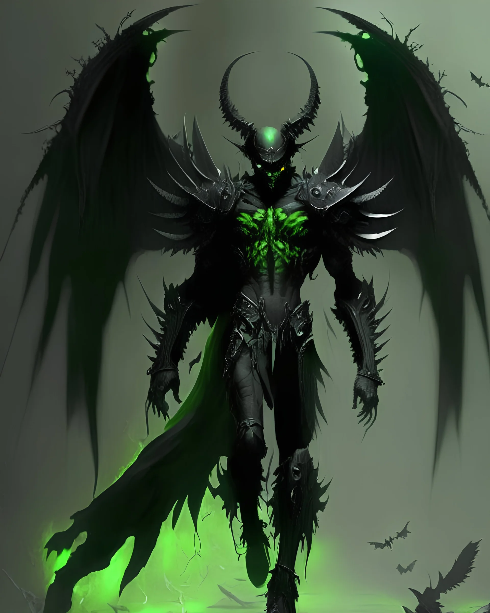 demonio de armadura negra y verde, con alas negras de ángel caminando hacia enfrente