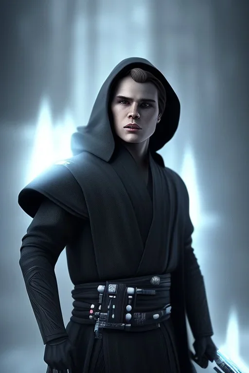 All Black Anakin Skywalker soldier, ghost, wearing high tech mask, white smoke, dark, rage, sorrow, high definition, ultra 8 k, volumetric lighting, blue fire, fog red