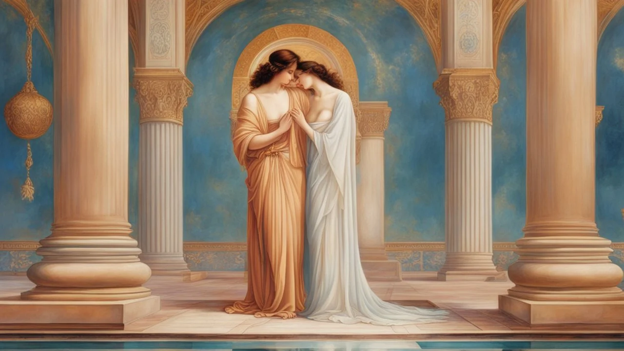 Style Godward, order, peace, lovers embracing, luxury, dream world, calm beauty, fantasy world, magic, beautiful composition, exquisite detail