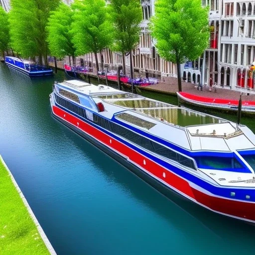 Beautiful crystal boat in narrow canal filmed from hi tech drone, 8K, 3D