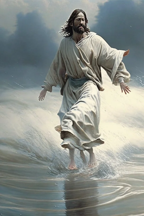 Peter walking on water going to Jesus Christ