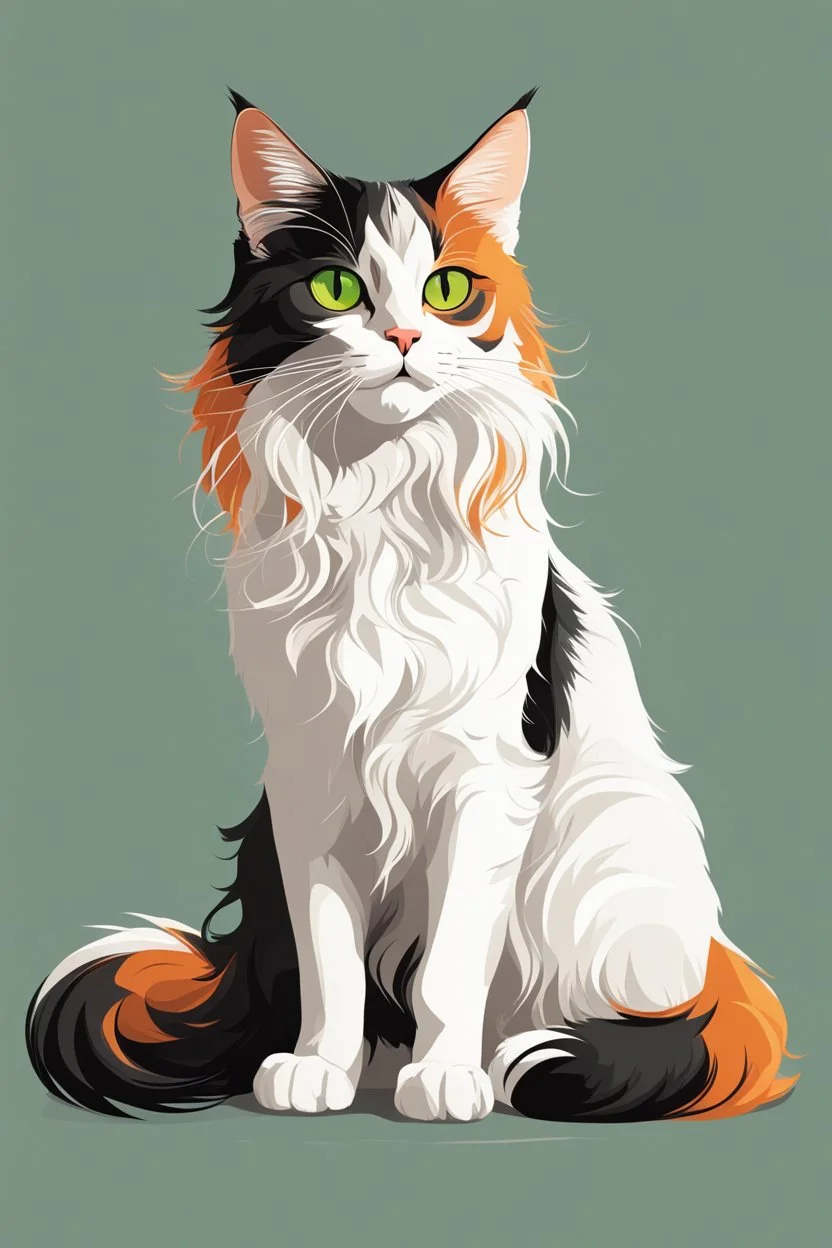 Vector illustration of a beautiful cat with long, wavy, thick hair, pointed ears, bright green eyes, orange, black and white colors, ultra quality, (((full body))), sitting on the floor