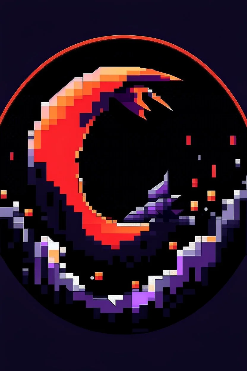 combining darkness and celestial elements. Feature a stylized eclipse at the center, with the moon partially covering the sun, casting claw-like shadows. Use deep purple fading into fiery orange-red. Surround the eclipse with jagged metallic shapes, make it 8bit and retro.