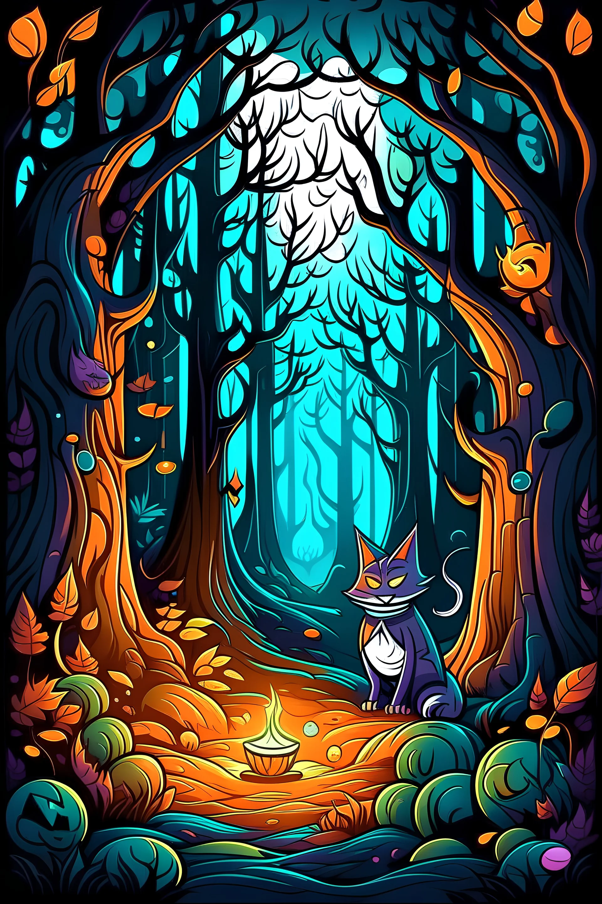 "Generate a Halloween-themed coloring page using AI artistry, blending eerie and whimsical elements. Include a spooky forest with gnarled trees, a mysterious cauldron bubbling with magical potions, and a playful black cat with arched back and glowing eyes. Use vibrant colors and intricate details to capture the enchantment of this Halloween scene."