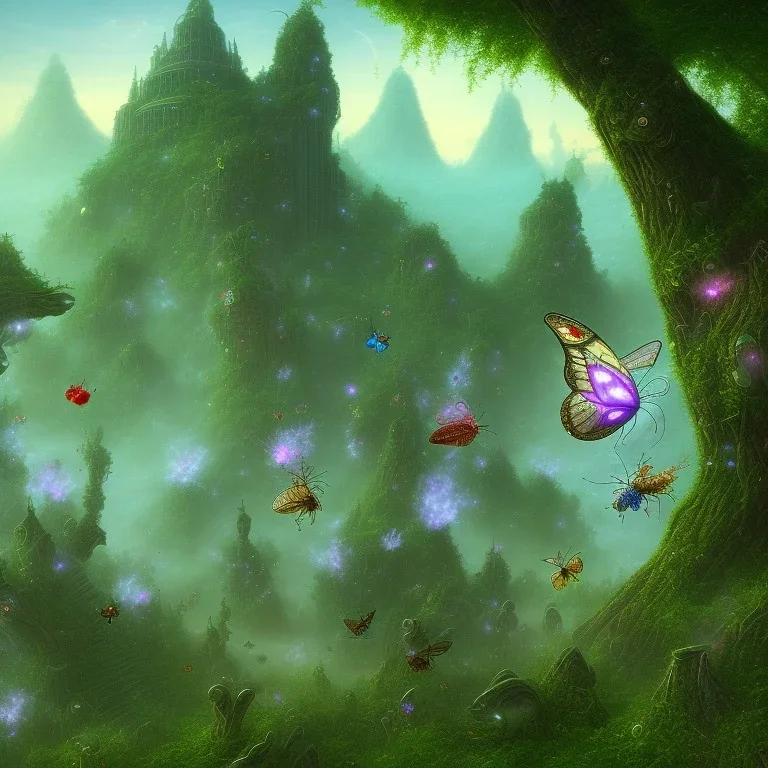 psychedelic giant insects and tiny flying butterflies and lost city in the background 3D mystic ambiance