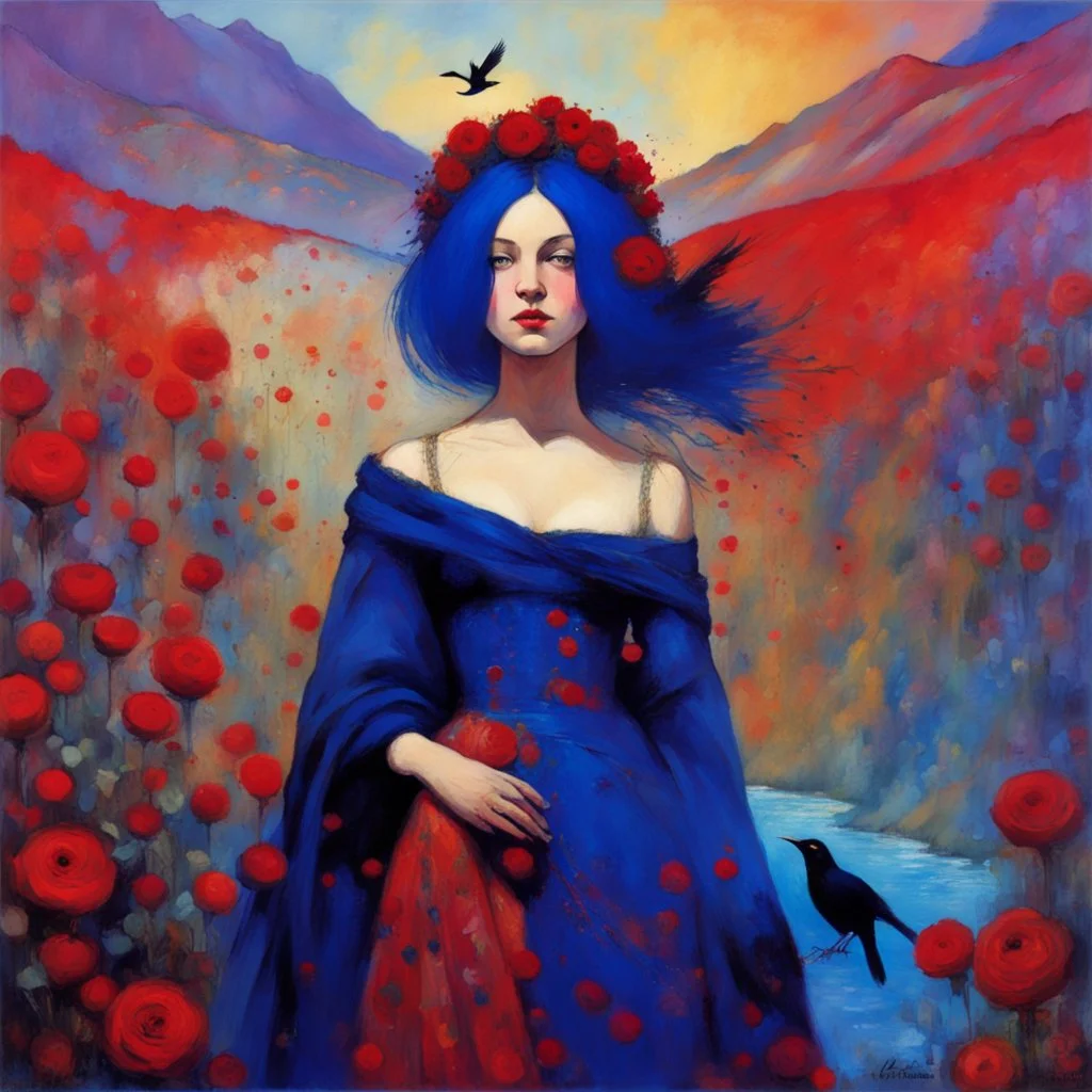 Art by Alice Rahon, Richard Burlet, Odilon Redon, Raymond Swanland, Andrey Remnev, Conrad Roset; Rebellious ravishing girl Rachel, regal in royal blue and ribuli, roaming through the radiant realm of the rainbow river valley with her ruby colored hair, meets a rare raven in a rolling hills of resplendent roses and rustling reeds, under a riotous reflective hues sky.