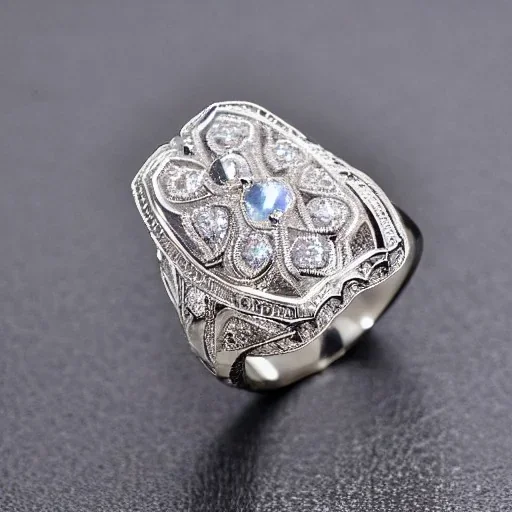 platinum, moonstone and diamond filigree ring, breathtaking, highly ornate, delicate, intricate, photorealistic, high fashion, fine jewellery, luxury, designer