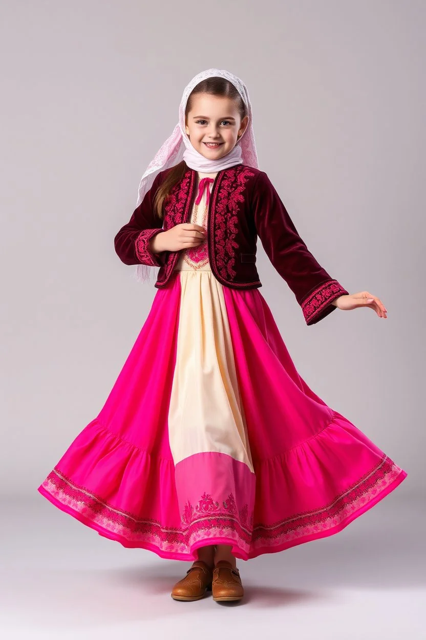 full body 7years old girl ,simple background, full body of very pretty little girl in azeri dance wearing A midi underdress or shirt, often made of silk,A fitted, often velvet or brocade, jacket worn over the shirt.Wide, bell-shaped skirts are worn, often long and layered to create beautiful movements while dancing, with a long lace scarf at back of her head,in relax pose looking at camera.