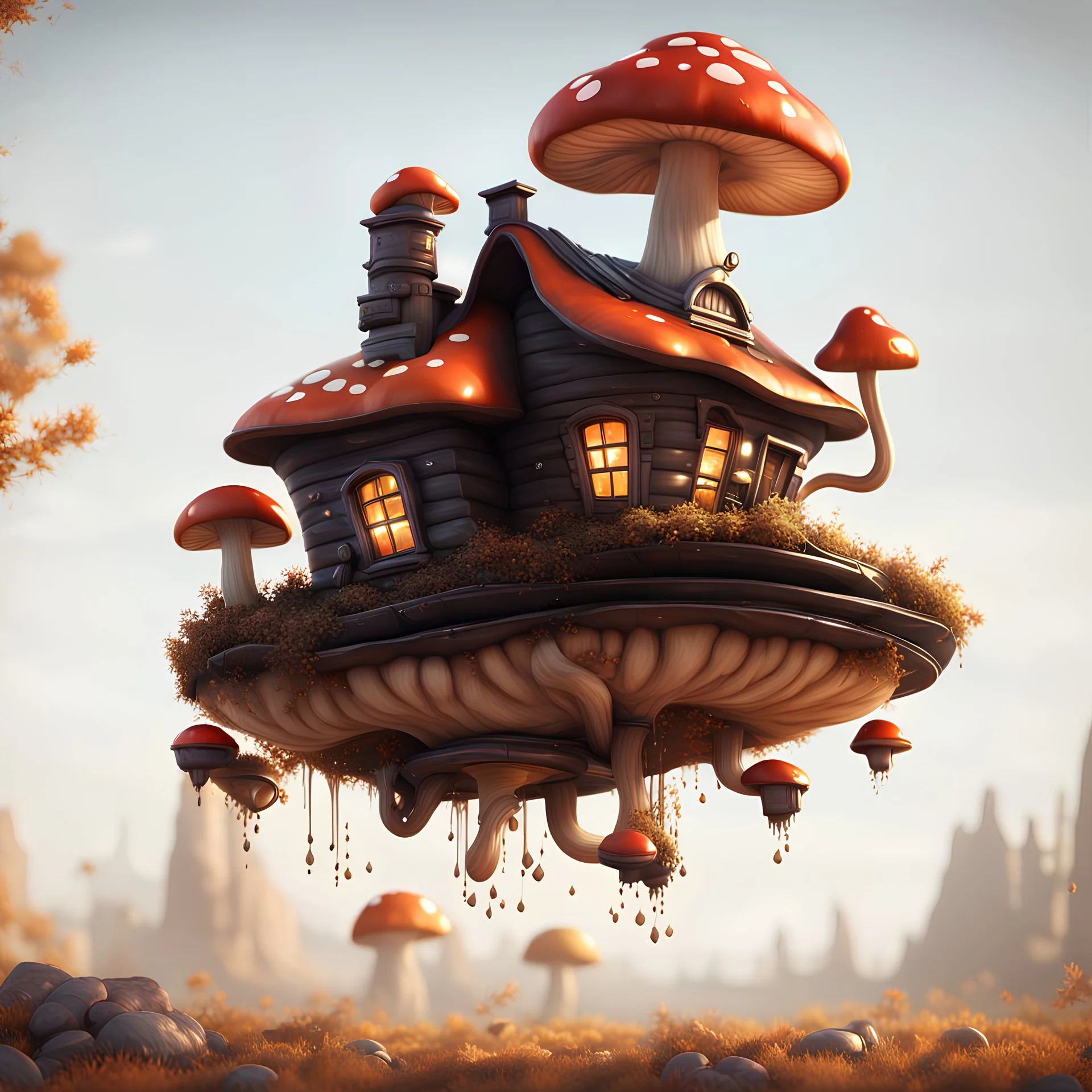 A funny floating mushroom house in space. warm neutral colors, black, Detailed gloss Painting, rich color, fantastical, intricate detail, splash screen, hyperdetailed, insane depth, concept art, 8k resolution, trending on Artstation, Unreal Engine 5, color depth, dynamic lighting, splash art, dramatic, masterpiece, excellent quality beautiful Fun Imaginative, unique, great composition