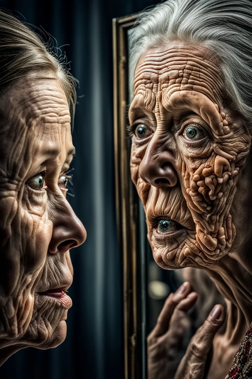 a young girl looking herself in the mirror with shock on her face, an old woman face reflecting in the mirror, hyper realistic, ultra detailed, stunning intricate details, HDR, beautifully shot, hyperrealistic, sharp focus, 64 megapixels, perfect composition, high contrast, cinematic, atmospheric, moody Professional photography, bokeh, natural lighting, canon lens, shot on dslr 64 megapixels sharp focus