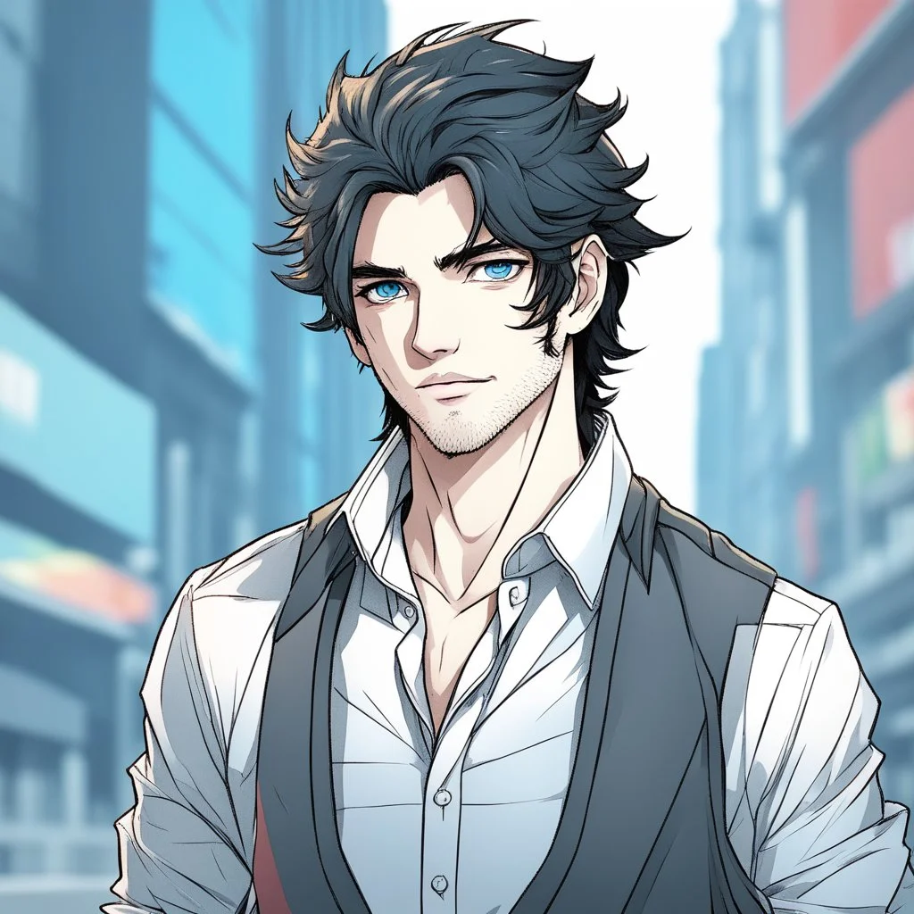 A headshot of a confident handsome man with messy black hair and blue eyes, wearing casual, modern attire, colored manga style, intricately detailed,