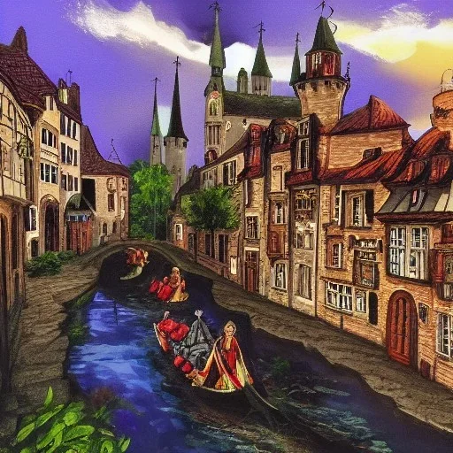 A magical gothic little town of witches with a castle and canals Nick Harris style