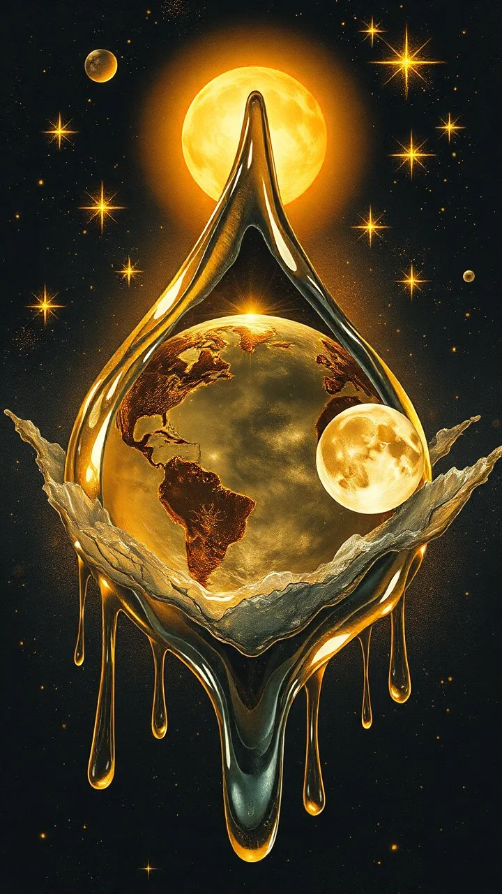 art illustration in the style of Luis Royo, large droplets of viscous and syrupy fluid, burnished jade, planet earth in crystal shape with the golden sun and crystal white transparent moon , and glowing stars in the background with golden yellow, ink black