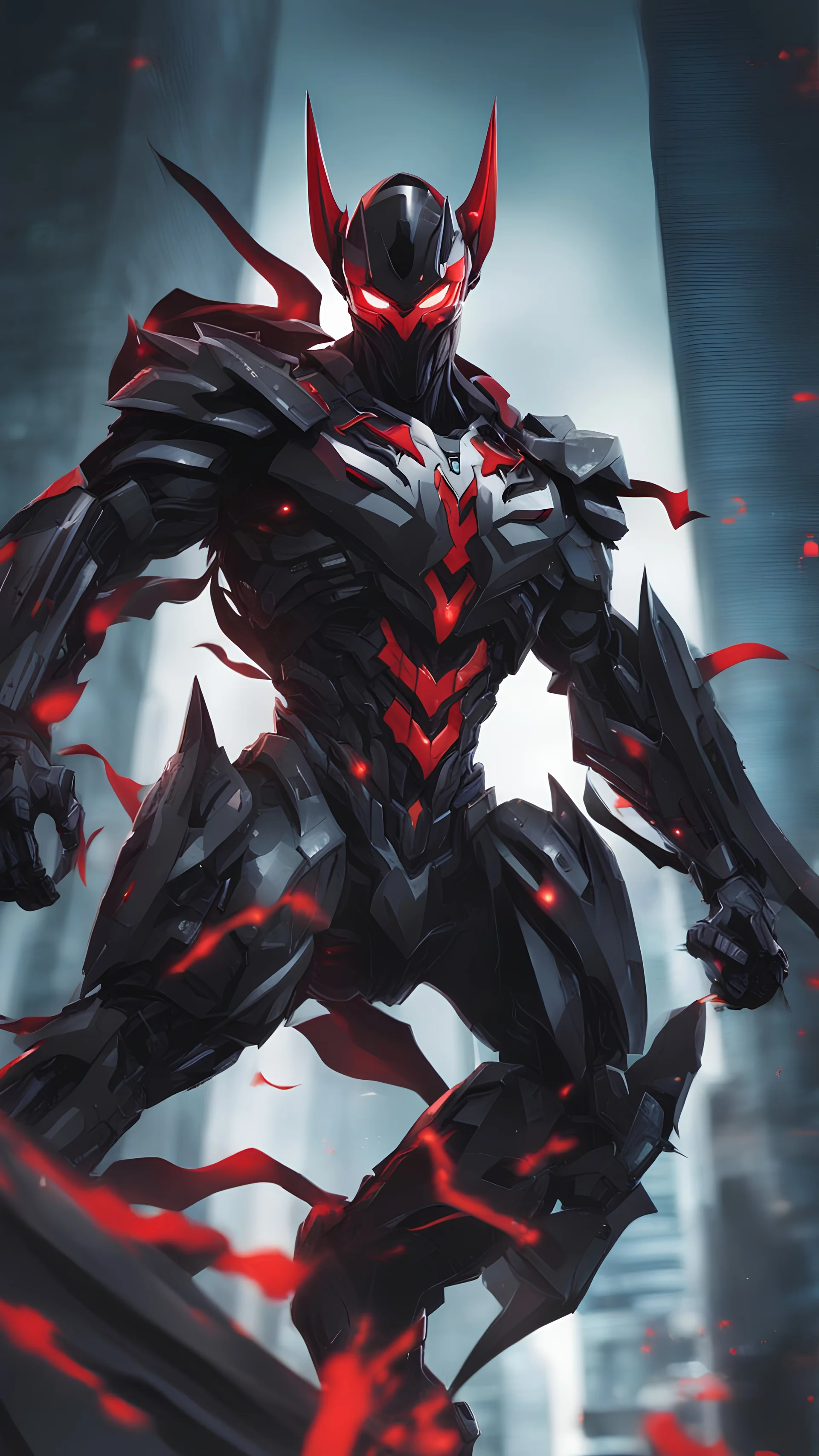 A close picture to Mix between transformers and batman and symbiote venom in solo leveling shadow art style with red details detailsis in fantasy world