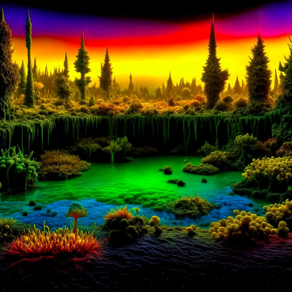 Photoraph of an odd swamp landscape with odd beings surreal abstract Max Ernst style, 120mm photography, sharp focus, 8k, 3d, very detailed, volumetric light, grim, fine art, very colorful, ornate, F/2.8, insanely detailed and intricate, hypermaximalist