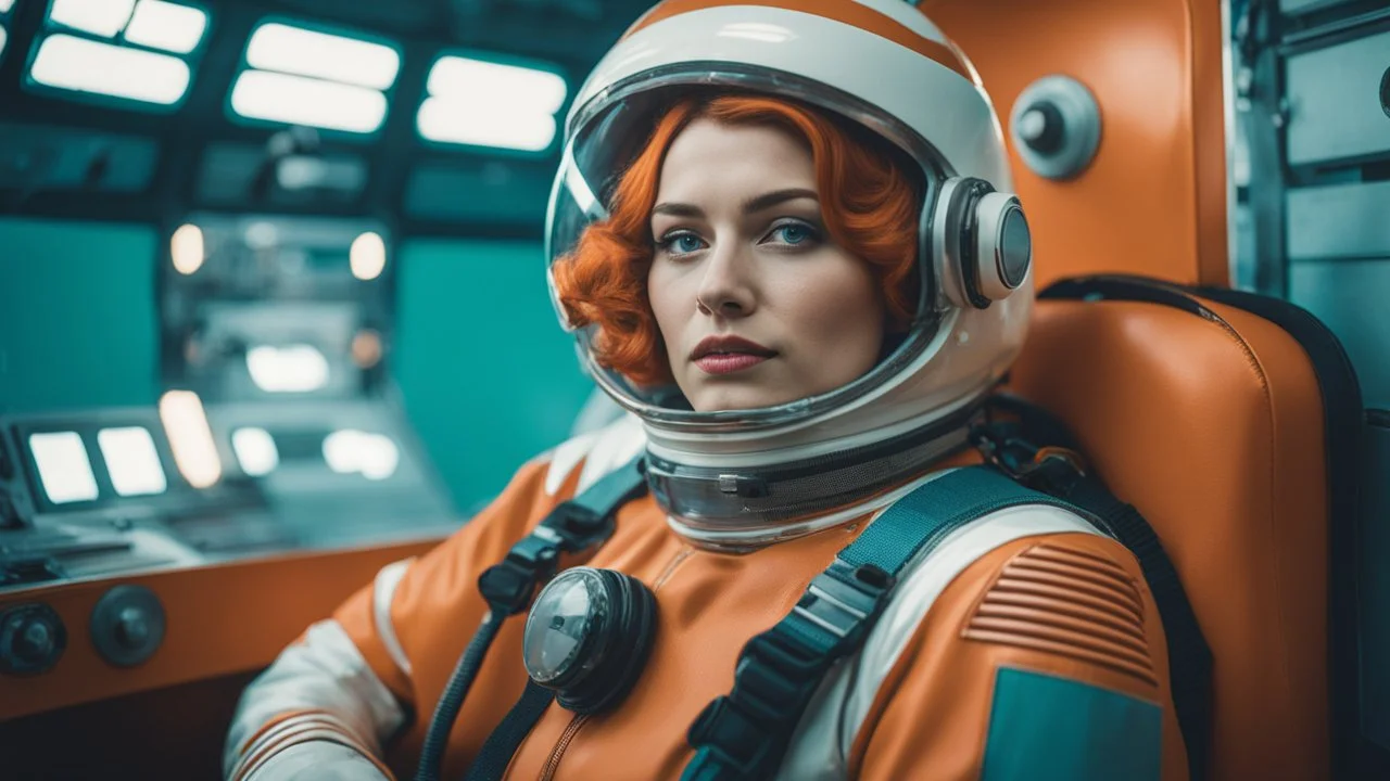 tangerine tango and ultramarine green color blocking, (sci-fi aesthetic:1.4), bright instagram LUT, shot of a (Danish 20 yo woman:1.2) retro-futuristic cosmonaut with a shy smile wearing a glass dome helmet and spacesuit with harness (with futuristic power plant in the background:1.2), skindentation, hourglass figure, waist cincher, on alien landscape with its surface covered in impact craters, valleys, plains and mountains, grey dust, a heavy rain storm, at sunrise, geometric gradients, sci-fi,