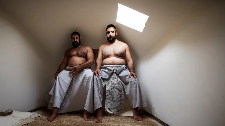 full figure shot photography of two arab prisoners in cell sitting on the edge of a bed talking, muscular hairy chubby 45 years old,long beard, low lights, misery and poverty, in undershirt and boxers, little light enters from a skylight above, lights from above, photorealistic, ambient occlusion, front view from below