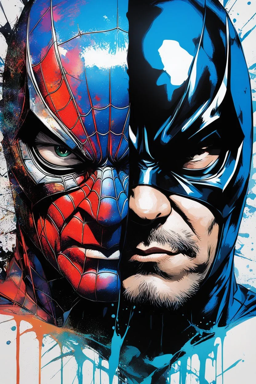 Poster in two gradations, split in half, one side "spiderman", other side "batman", midline of the face, painting by Yoji Shinkawa, solid, pastel and splash colours, detailed iridescent, metallic, translucent, dramatic lighting, hyper futuristic, digital art,