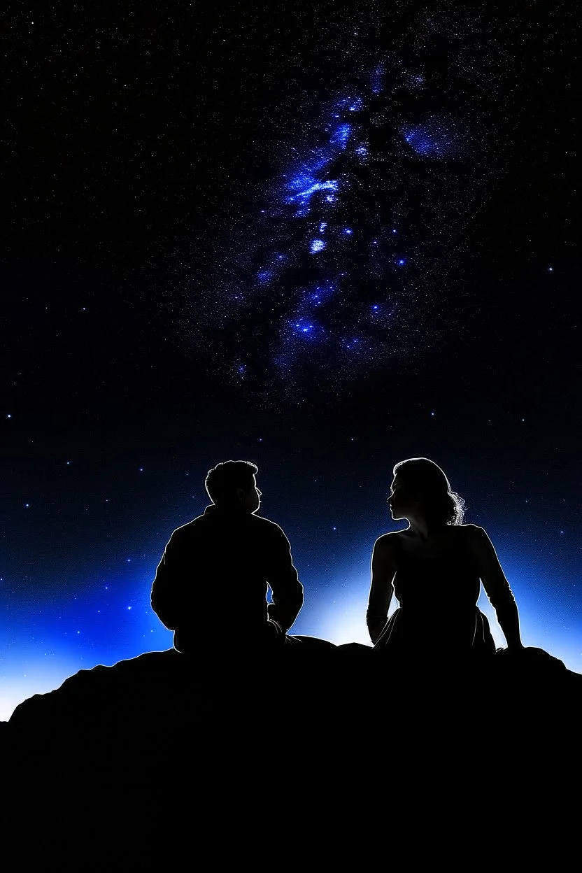 black background on a mountaintop with two silhouettes of a fit man and a silhouette of a fit woman sitting close to each other looking at the stars