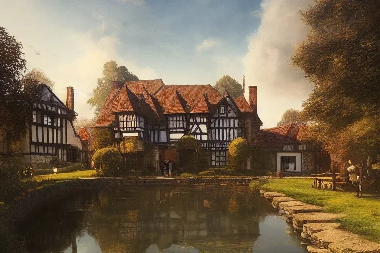 portrait of a tudor manor house on a street, fishpond architecture, highly detailed, blue sky, cinematic lighting, digital art painting by greg rutkowski