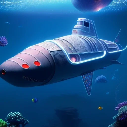 fullbody Drawing of 'Ultra Futuristic style concept Submarine'intricate detail,by andrea bonelli,Kilian Eng,Ohrai,underwater,three quarters view, Futuristic Submarine Fish design study, toned colors,16k