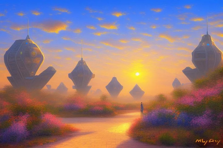 Sunny spring day, Futuristic buildings near the desert, impressionism painting