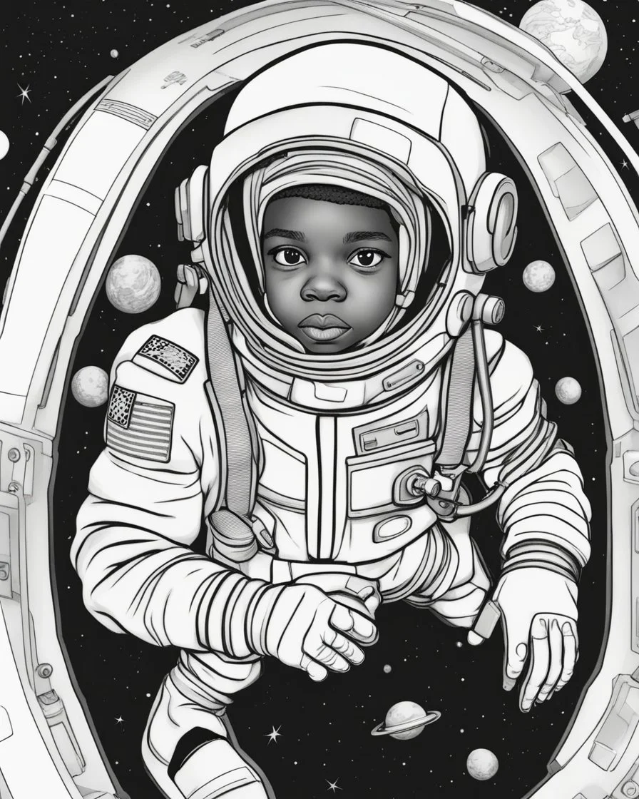 coloring page, depicting a black kid as an Astronaut, full body, outline, black and white, highly defined, white background, empty background, cartoon style, coloring book style