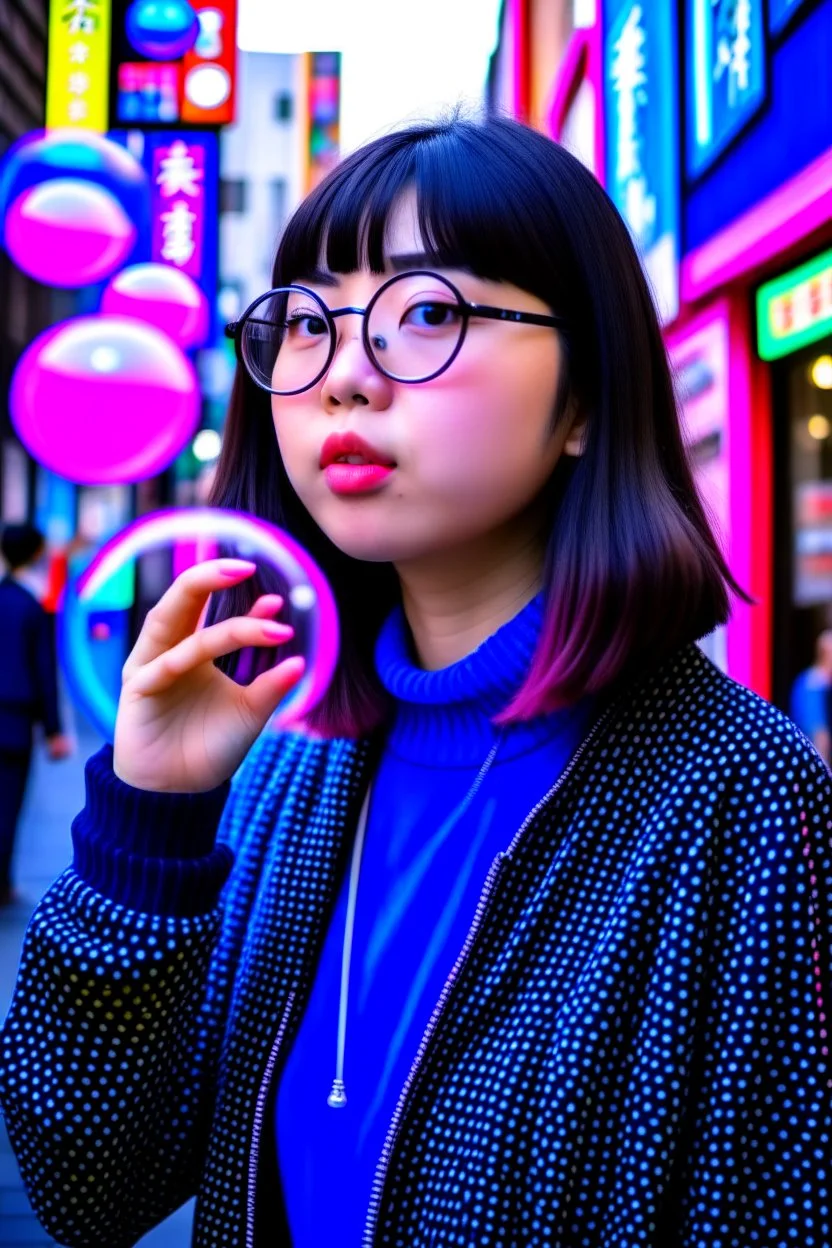 cool girl blowing bubbles on streets of tokyo in the style of hiroku ogai