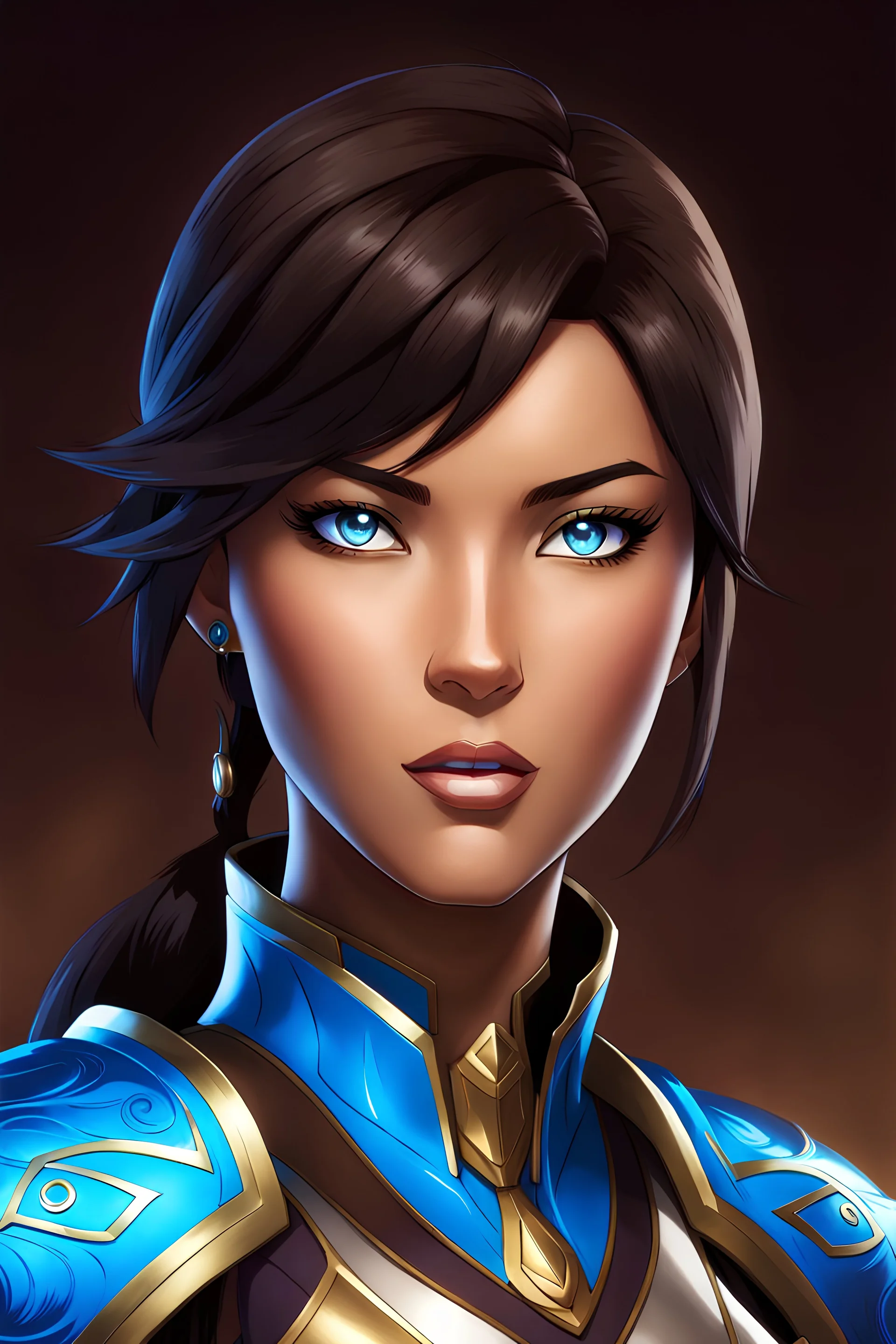 Avatar Korra, brown skin, short dark brown hair, blue eyes, woman, light armor, in the art style of Berserk