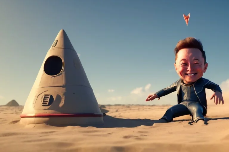 Elon musk as a Happy toddler buildung a rocketship out of sand on the beach