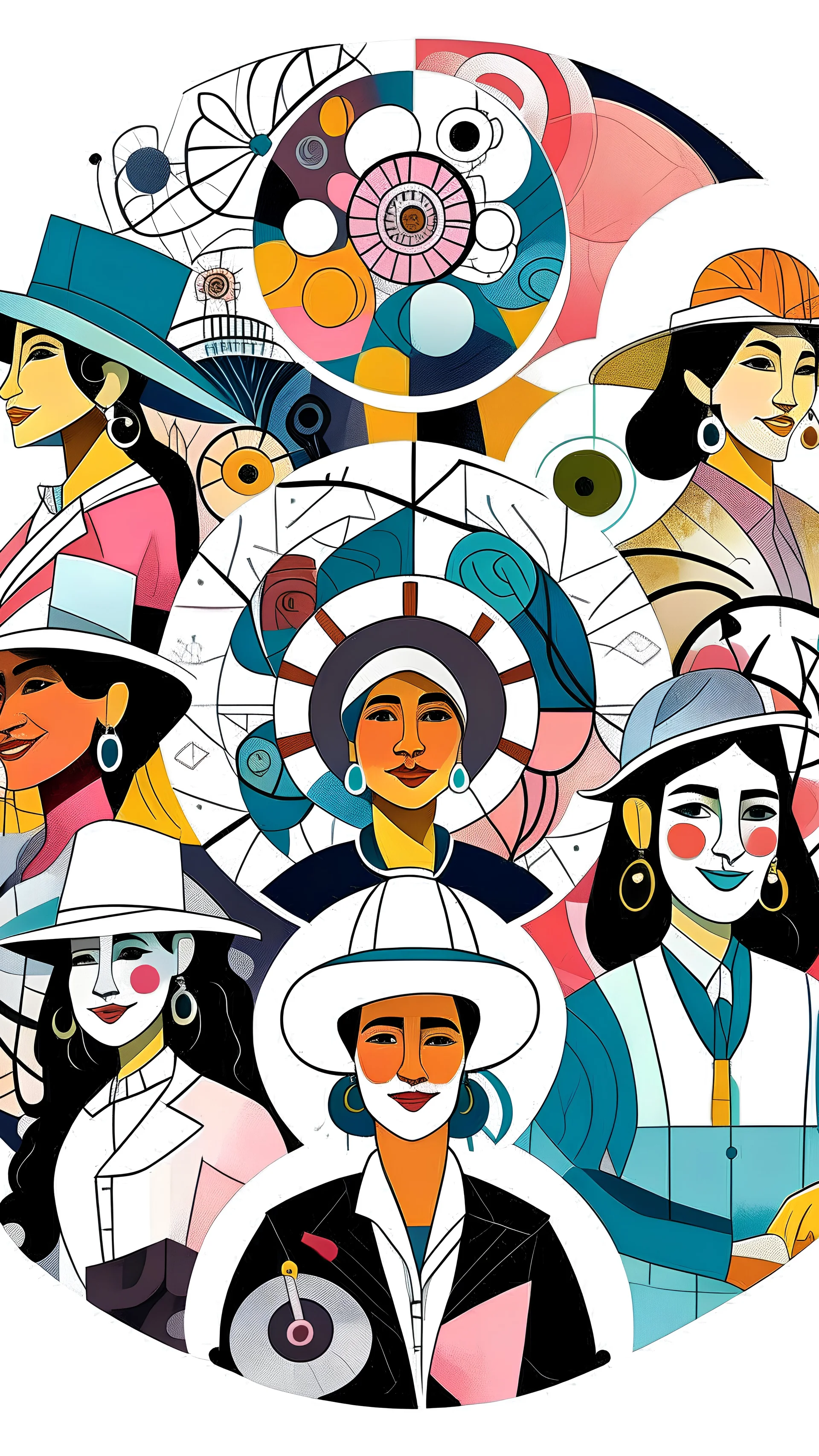 Illustration of some happy and very veiled and modern women who we see from a far distance and some painters with palet and doctors wiht stethoscope are some engineers wiht Engineering hat and they have formed a spiral composition.be veiled