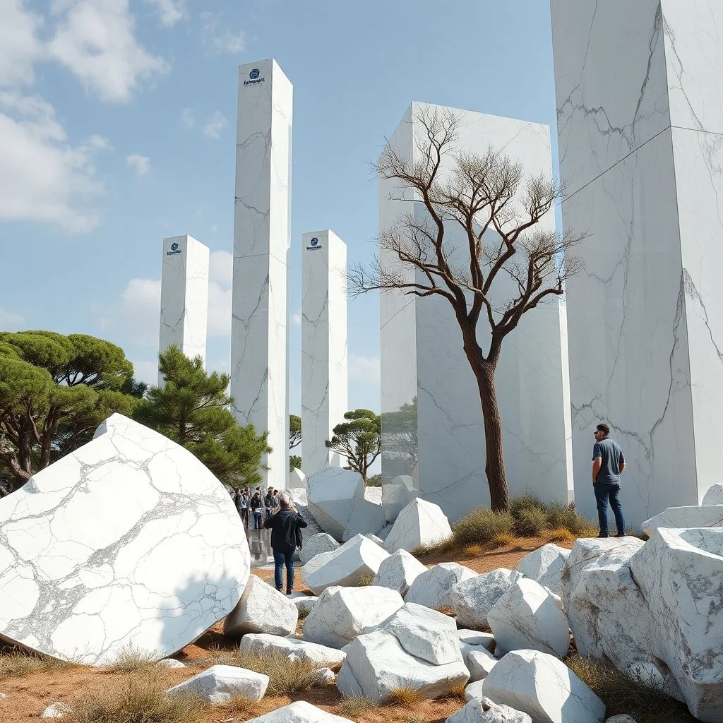 Magnifica immagine di un paesaggio con marmi imponenti accanto a strutture artificiali altissime e alberi. Queste strutture sembrano blocchi riflettenti, come colonne di vetro, che creano un contrasto tra il naturale e l'artificiale. Persona osserva. bianco con venature e solchi. Strani edifici. La scena trasmette un senso di dialogo tra elementi organici. Dettagli degli specchi e delle rocce molto accentuati.