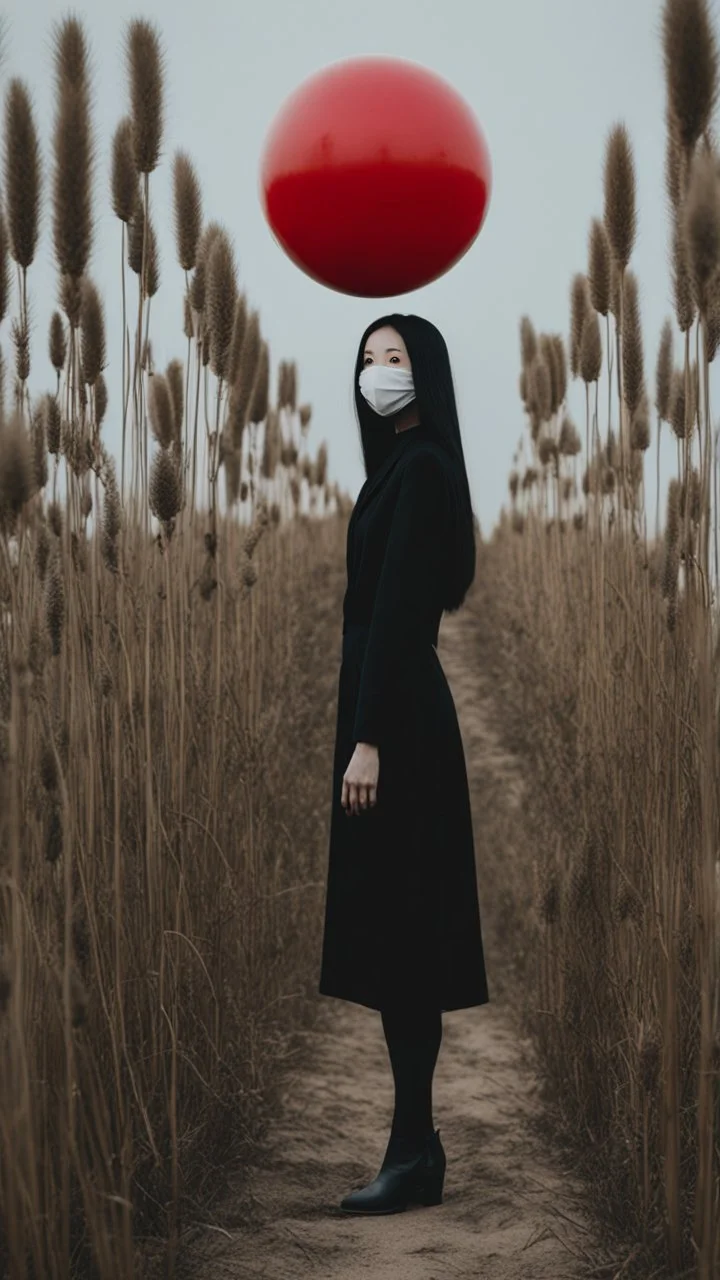 a no face woman with mask standing in a field holding red ball, inspired by Ren Hang, design milk, long black hair, whites, wanderers traveling from afar, trending on artisation, cloning spell, coat pleats, in twin peaks, submarine, by Helen Thomas Dranga, symetry, round-cropped, noire photo