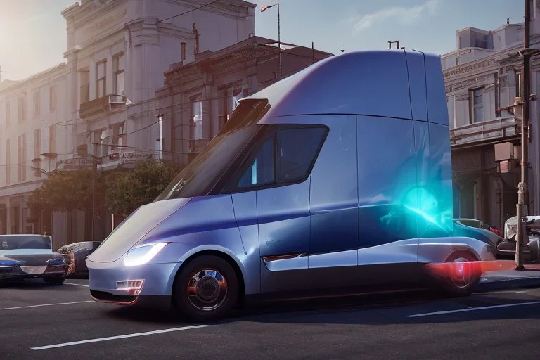 A Tesla 'Semi' (semi truck) is parked, on the streets of San Francisco. (CINEMATIC, WIDE ANGLE LENS, PHOTO REAL)