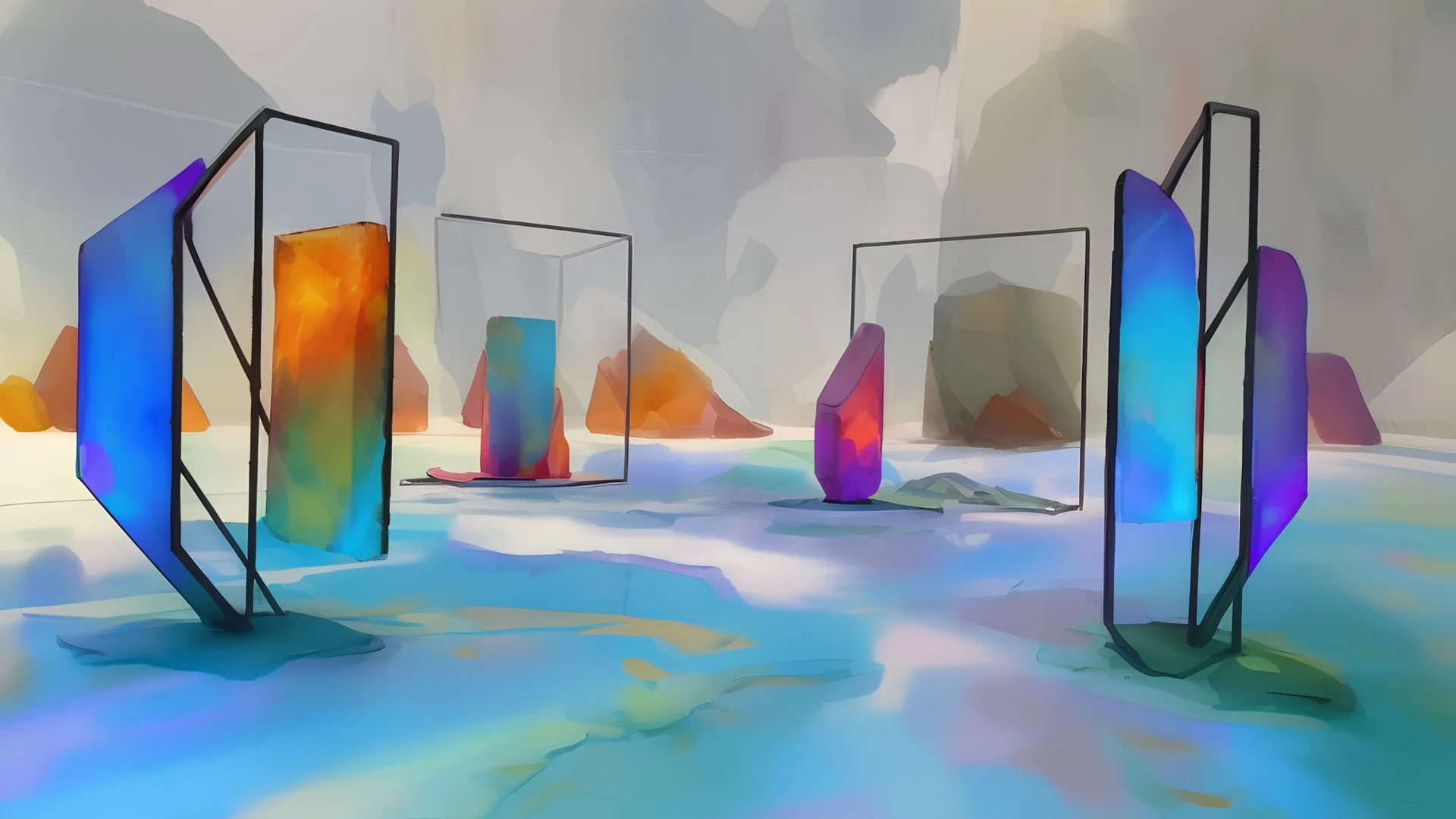 Grayscale abstract sculpture park, art style watercolor painting, metal smooth abstract shapes in distance, glass cubes with vivid dark amber glass in foreground, soft golden hour lighting