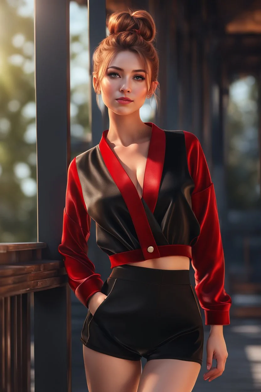 full body ,young woman with clear eyes, messy bun hair, bouncing looking back, soft velvet red/black two piece printed outfit, morning sun, cute, full body, ultra realistic, a variety of small details in the background, hyper realistic, surprised, sweet smile, 8k, HDR, 500px, by Koos Roos