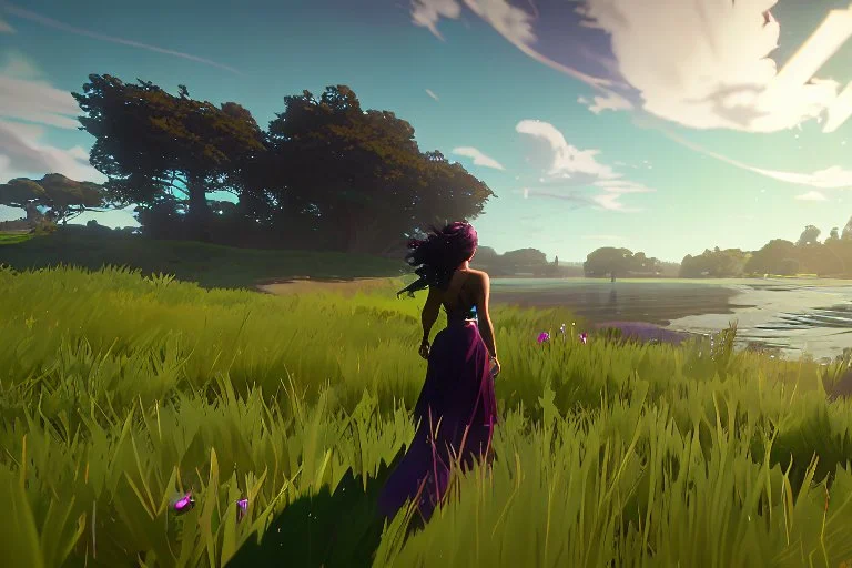 shot from front ,green field and wild flower field ,beautiful girl in pretty dress curly hair walking in water toward camera in trees next to wavy river with clear water and nice sands in floor.camera capture from her full body front, spring blosom walking to camera ,wild flowers moving in the wind ,blue sky,moving pretty clouds ,joy full facet.