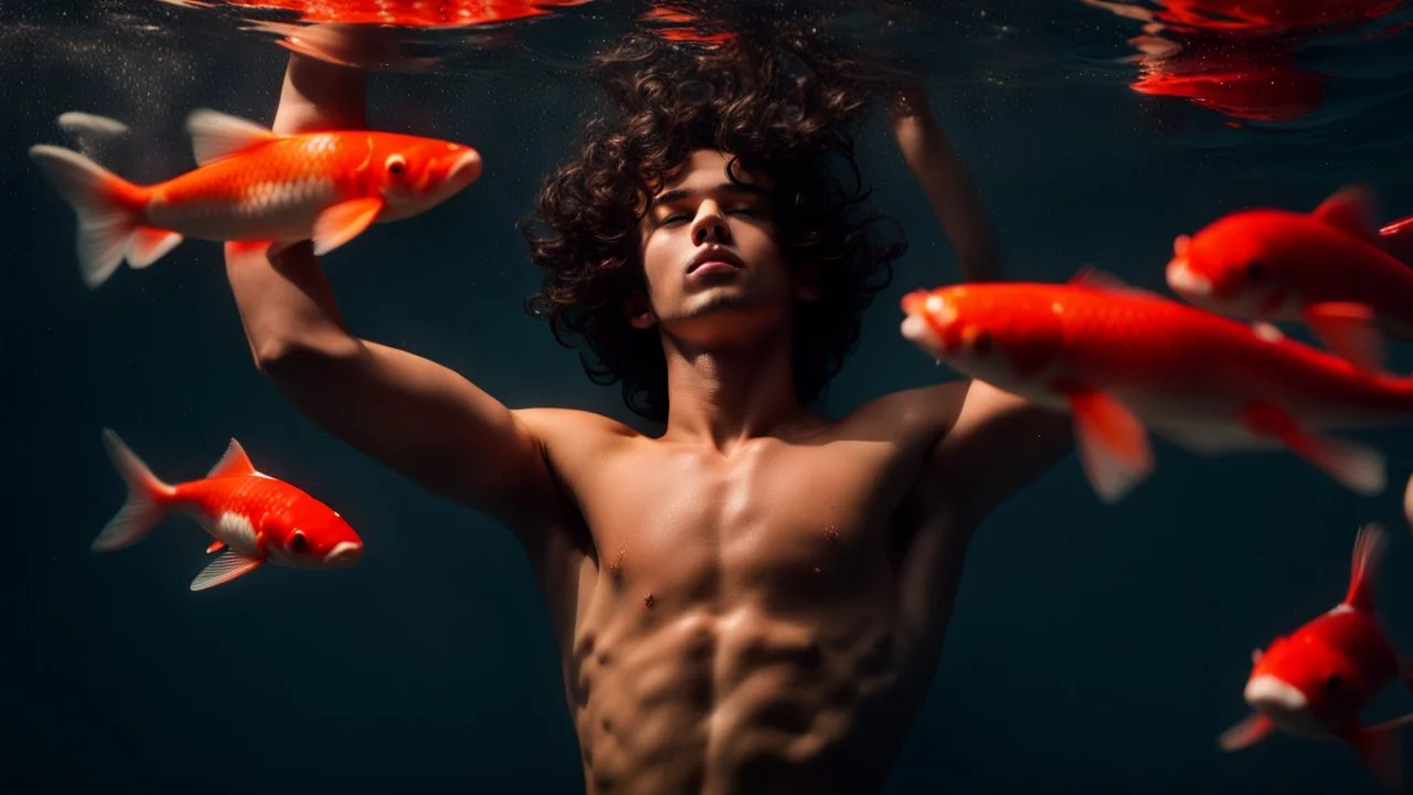 Photograph of a young teen male floating on water, relaxing, eyes closed, dark curly hair, full lips, aesthetic physique, cute face, shirtless torso, pale skin tone, flawless skin, thick curly hair, koi fish in water, full body, low camera angle, red swimming trunks, calm clear water, dreamy atmosphere, high resolution,