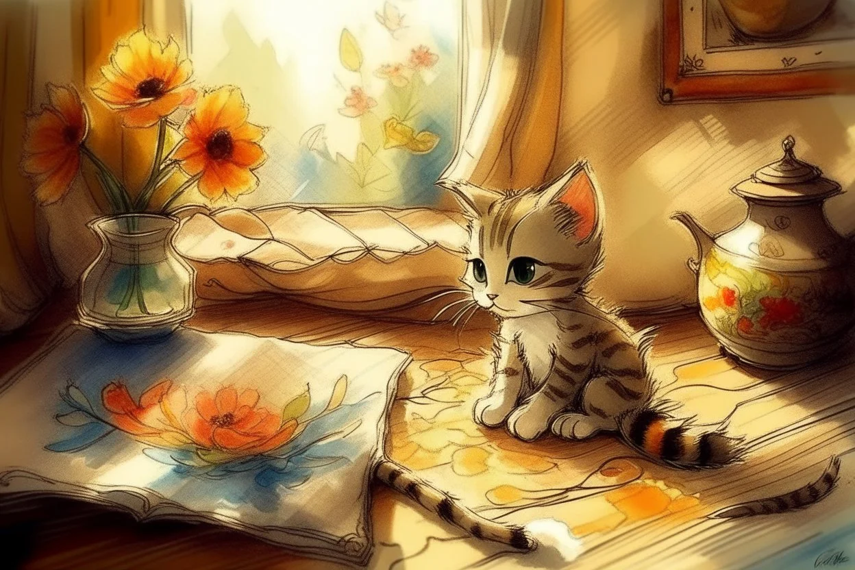 melting watercolor and black ink outlines on wet paper, shading colors, soft stokes, browned, faded, last century style photograph with knitted and embroidered cute chibi anime kitten watching tv in an elegant room, flowers, in sunshine, edges of image appear burnt, ethereal, cinematic postprocessing, bokeh, dof