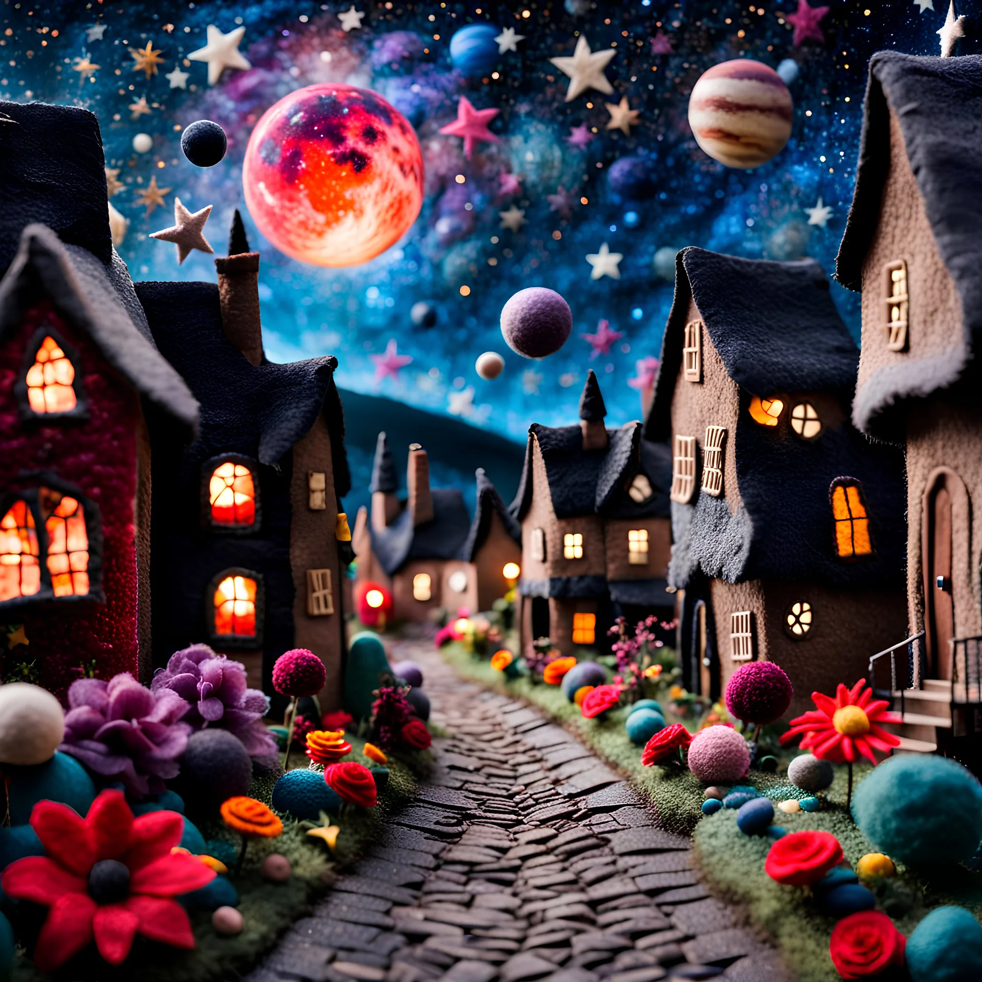 Detailed people, creepy street made of felt, naïve, village, stars and planets, splimapys, sun, splops, volumetric light, giant flowers, naïve, Tim Burton, strong texture, st, orero dream, extreme detail, Max Ernst, decal, rich moody colors, sparkles, Harry Potter, bokeh, odd, sbuc