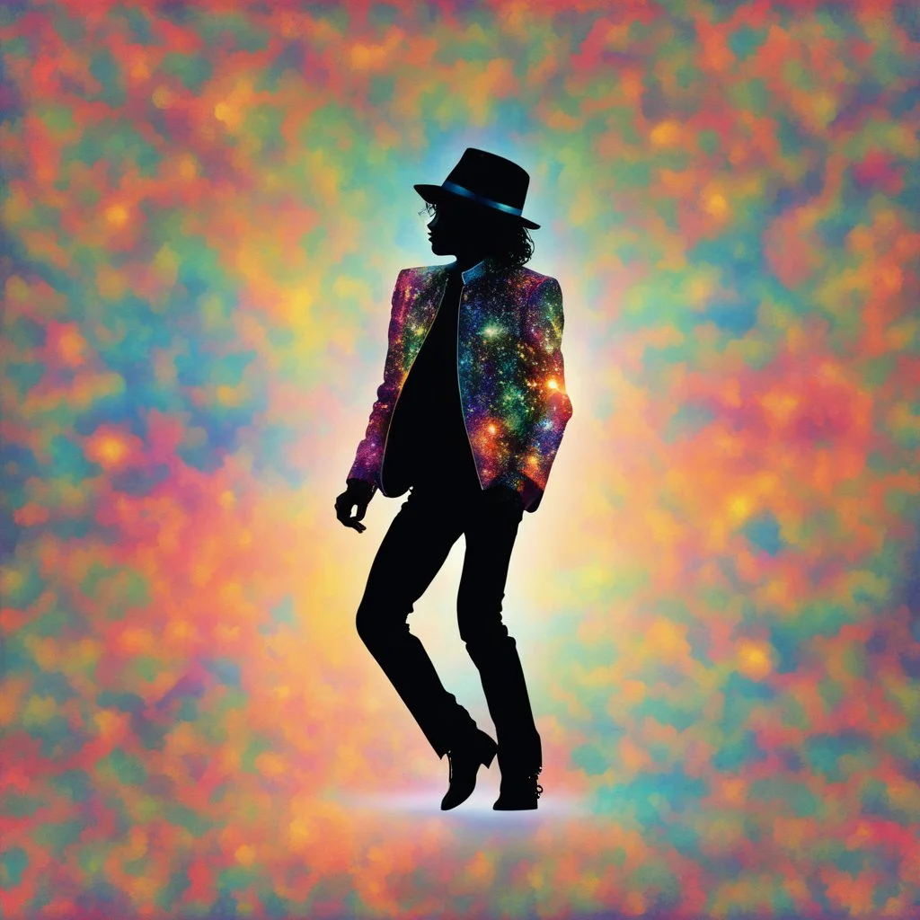 psychedelic colorful silhouette, Michael Jackson dancing profile, prismatic stardust background