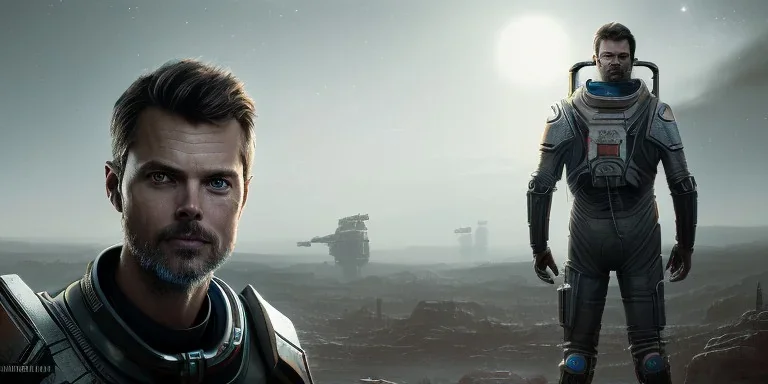 portrait, Handsome The Callisto Protocol elder Josh Duhamel, Space suit, post-apocalyptic in a cyberpunk city, realistic, intriacte detail, sci-fi fantasy style, volumetric lighting, particales,highly detailed,cinamatic, deep