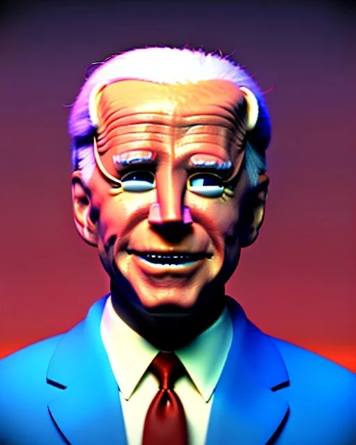 Waist up Portrait, joe Biden as simply muppet doll, Blue suit retro style, photo studio, city background, unreal engine 5, concept art, art station, god lights, ray tracing, RTX, lumen lighting, ultra detail, volumetric lighting, 3d.