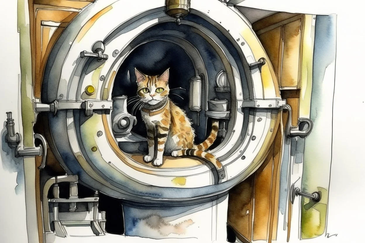 Cat on the boiler in the bathroom, watercolor and ink