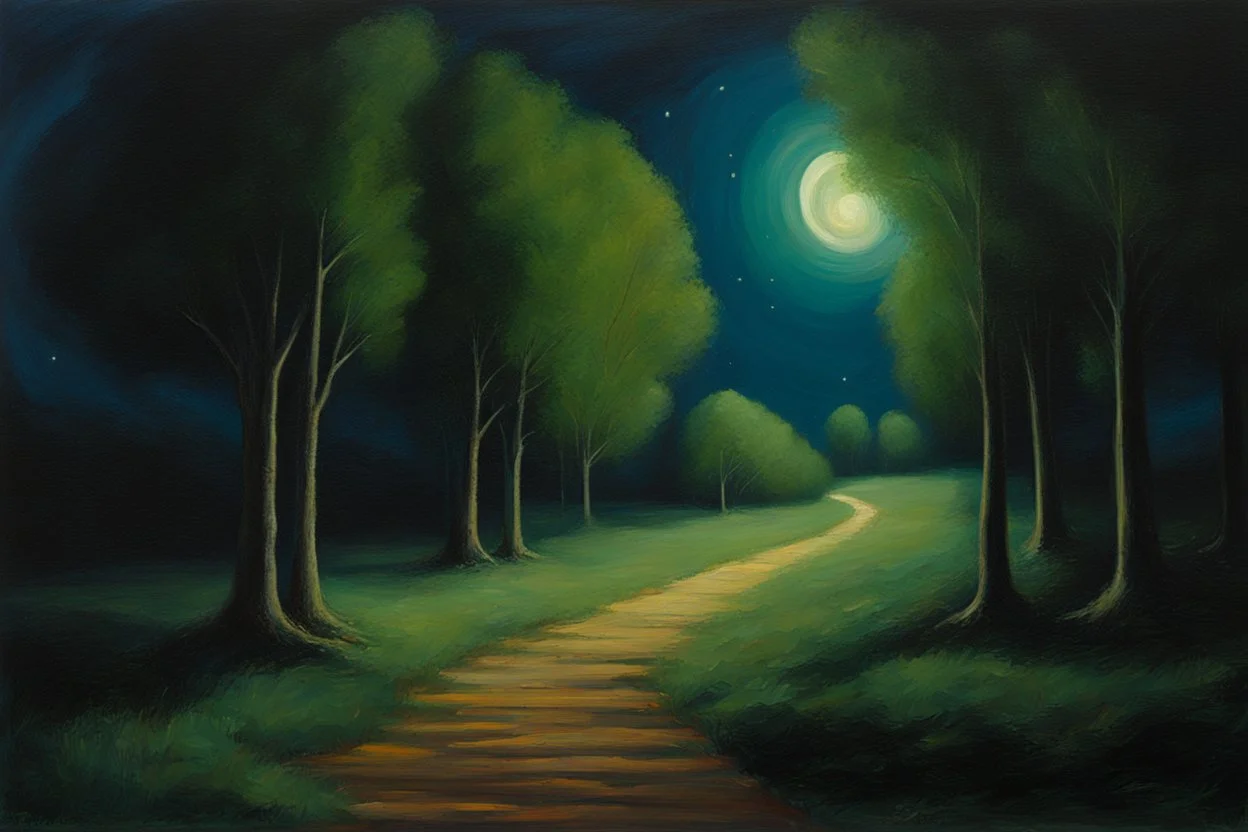 Trees, night, pathway, 2000's scifi movoes influence, ernest welvaert impressionism painting