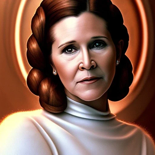 extremely detailed 8k hyperspace wallpaper,complete and photo realistic detailed head to waist stunning photo realistic portrait of carrie fisher as Princess Leia in star wars with photo realistic fine and simple hairstyle, brown eyes, professional majestic photo realistic painting by Ed Blinkey, Atey Ghailan, by Jeremy Mann, Greg Manchess, Antonio Moro, trending on ArtStation, Intricate, High Detail, Sharp focus, dramatic, by greg rutkowski, realism, beautiful and detailed lighting,