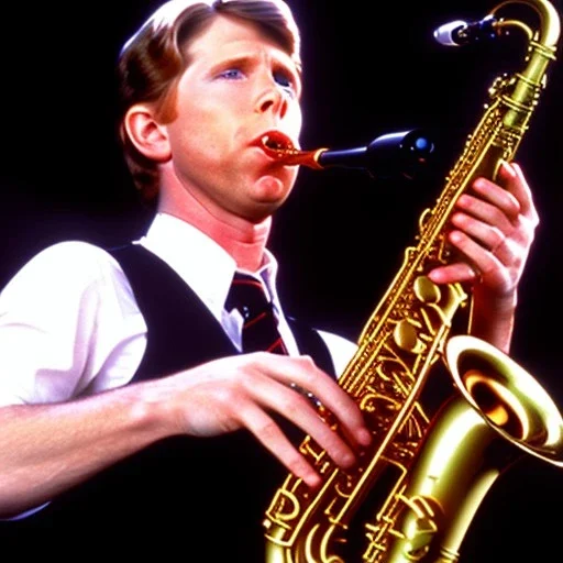 Eyes closed REd-haired Ron howard Is richie from happy days playing A saxophone with his "eyes closed", rock band, embouchure, joanie cunningham