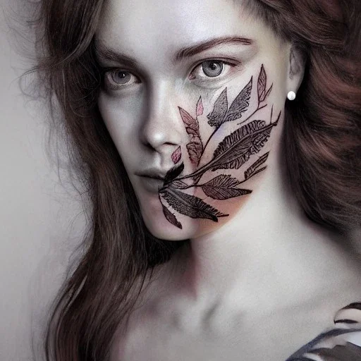 "full face tattoo of leaves and gnarled branches extending past face and morphing into reality, 8k resolution, high-quality, fine-detail, muted colors,intricate, digital art, detailed matte, volumetric lighting, illustration, octane render